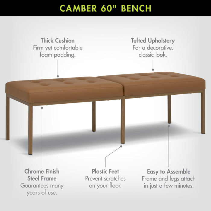 Studio Designs Camber Bench - 60" - Chrome Legs and Tufted Leather - Modern Entryway Bench, Bronze / Caramel 72151