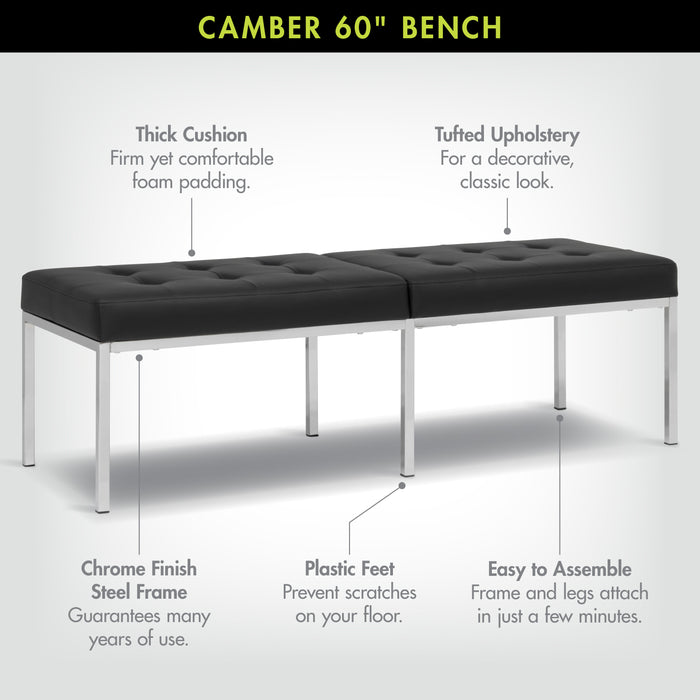 Studio Designs Camber Bench - 60" - Chrome Legs and Tufted Leather - Modern Entryway Bench, Chrome / Black 72150
