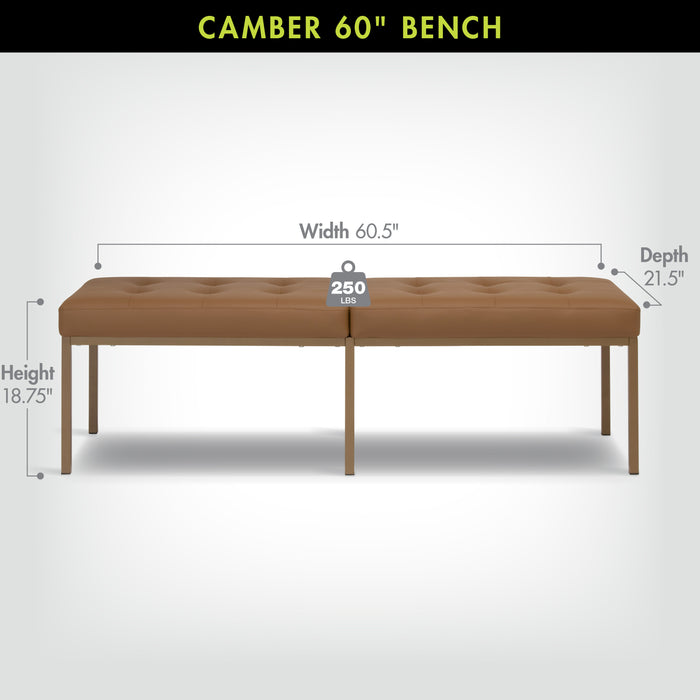 Studio Designs Camber Bench - 60" - Chrome Legs and Tufted Leather - Modern Entryway Bench, Bronze / Caramel 72151
