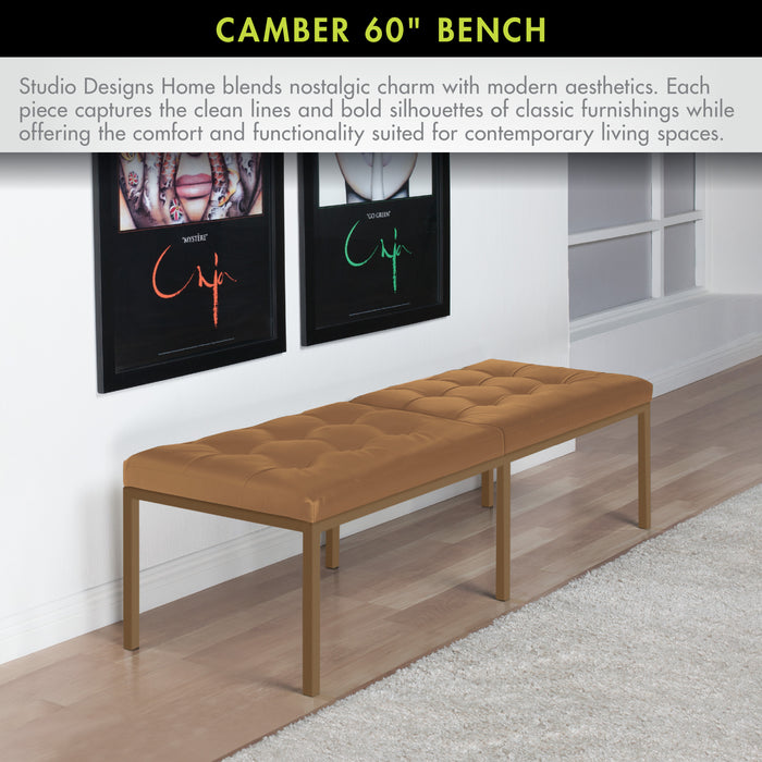 Studio Designs Camber Bench - 60" - Chrome Legs and Tufted Leather - Modern Entryway Bench, Bronze / Caramel 72151