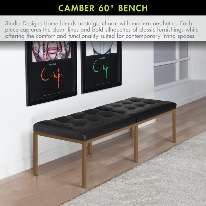 Studio Designs Camber Bench - 60" - Chrome Legs and Tufted Leather - Modern Entryway Bench, Bronze / Black 72152
