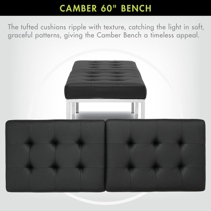 Studio Designs Camber Bench - 60" - Chrome Legs and Tufted Leather - Modern Entryway Bench, Chrome / Black 72150