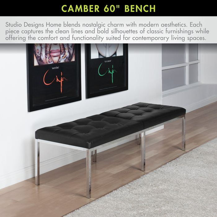 Studio Designs Camber Bench - 60" - Chrome Legs and Tufted Leather - Modern Entryway Bench, Chrome / Black 72150