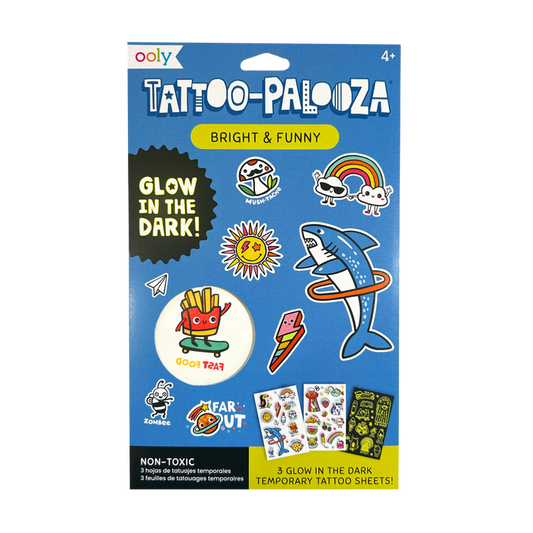 Front packaging of OOLY Tattoo-Palooza Glow in the Dark Temporary Tattoos - Bright & Funny