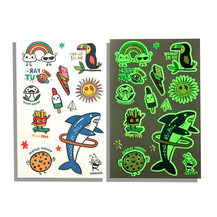 Comparison of sheet from OOLY Tattoo-Palooza Glow in the Dark Temporary Tattoos - Bright & Funny in regular and glow in the dark