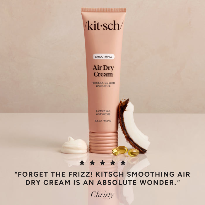 KITSCH Smoothing Air Dry Cream — 5-star customer review graphic — 24-hour frizz control that keeps hair soft, polished, and touchably smooth — free from parabens, phthalates, sulfates, and artificial dyes