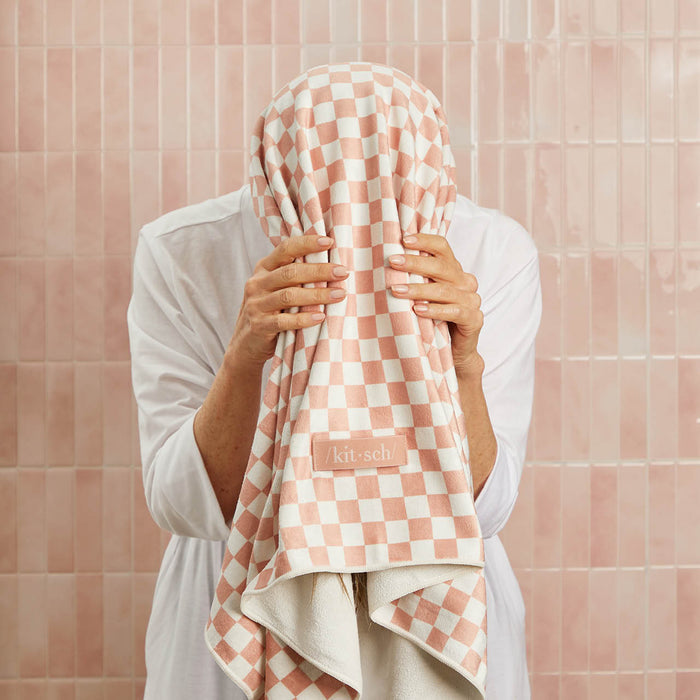 KITSCH Terracotta Checker XL Quick-Dry Hair Towel Wrap — in-use lifestyle shot — wrapped on wet hair — ultra-absorbent microfiber cuts drying time while protecting the hair cuticle