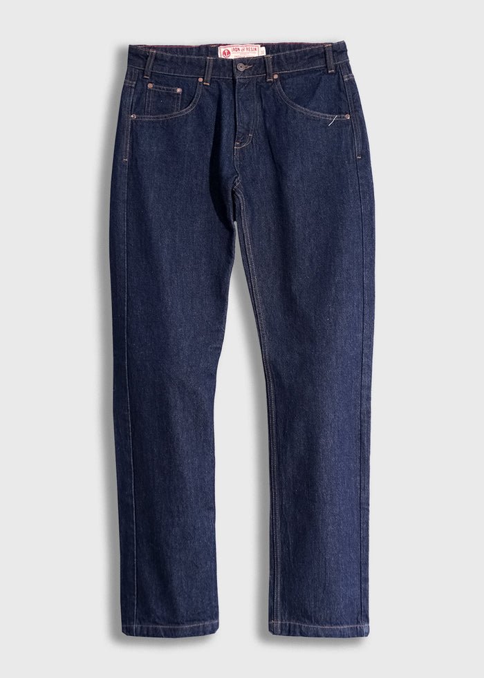 Dark blue denim jeans with a classic five-pocket design, button closure, and visible stitching, displayed on a light background.