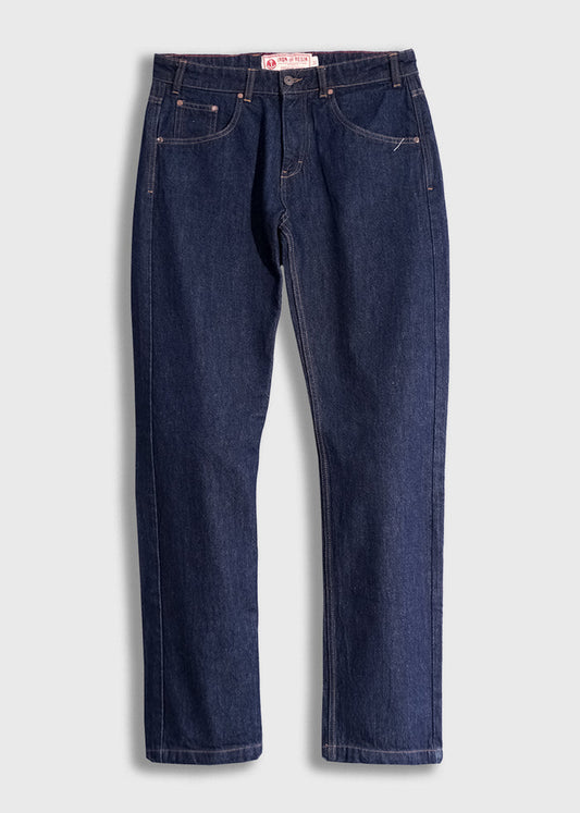 Dark blue denim jeans with a classic five-pocket design, button closure, and visible stitching, displayed on a light background.