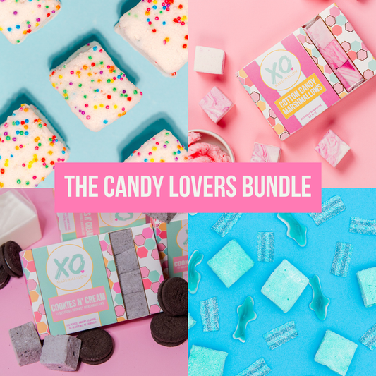 An assortment of colorful marshmallows with various flavors including Cotton Candy, Funfetti, Cookies and Cream, and Sour Blue Raspberry, packaged in boxes with corresponding flavor names and designs.