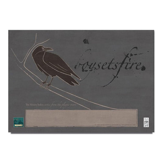 A horizontal poster with a gray background. There is a black bird sitting on a branch. The bird is looking backwards. The text "Boy Sets Fire" is Written in cursive.