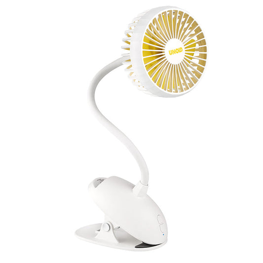 Der Unold TISCHVENTILATOR BREEZY CLIP ist ein kleiner weiß-gelber Clip-On-Ventilator mit flexiblem Hals und rundem Gitter, der eine einfache Verstellung des Ventilatorkopfes ermöglicht.
