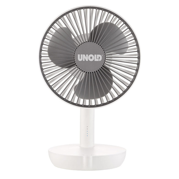 Vor einem schlichten weißen Hintergrund ist ein kompakter, weiß-grauer Tischventilator mit drei Flügeln der Marke „Unold“, Modell TISCHVENTILATOR BREEZY, zu sehen.