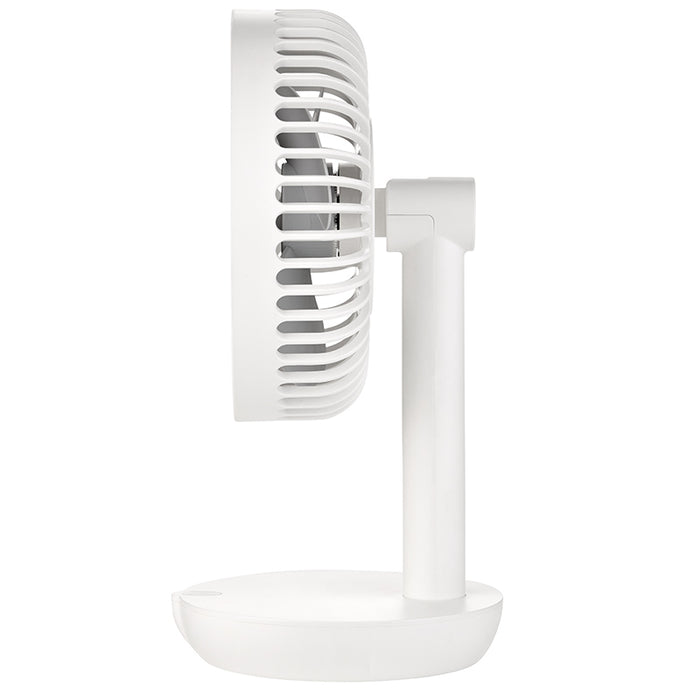 Seitenansicht des Unold TISCHVENTILATOR BREEZY, einem modernen, kompakten weißen Tischventilator mit rundem Schutzgitter, stabilem Standfuß und minimalistischem Kunststoffdesign.