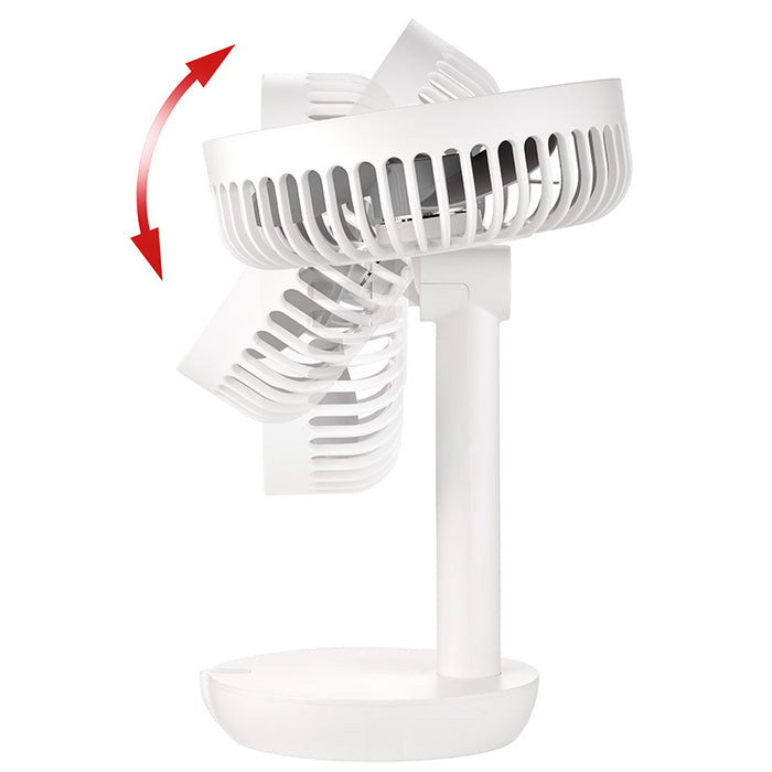Der Unold TISCHVENTILATOR BREEZY, ein weißer Tischventilator mit modernem Rundfuß und Schutzgitter, wird in einer auf und ab kippenden Position gezeigt, wobei zwei rote, gebogene Pfeile seine Oszillationsfunktion hervorheben.
