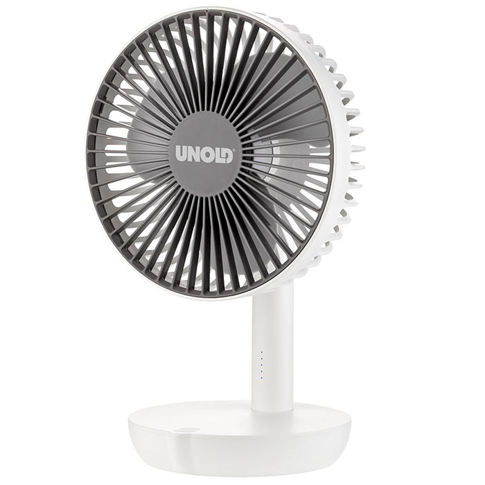 Der Unold TISCHVENTILATOR BREEZY ist ein kleiner, weißer Tischventilator mit einem runden, grauen Frontgitter und dem Unold-Logo in der Mitte, montiert auf einem zylindrischen Ständer und einer runden Basis.