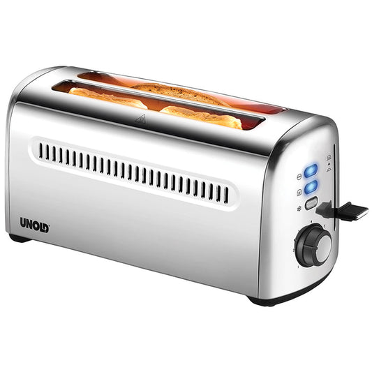 Ein silberner Unold Toaster 4er Retro mit zwei Toastscheiben im Inneren. Er verfügt über blau beleuchtete Bedientasten, ein Drehrad und einen seitlichen Hebel.