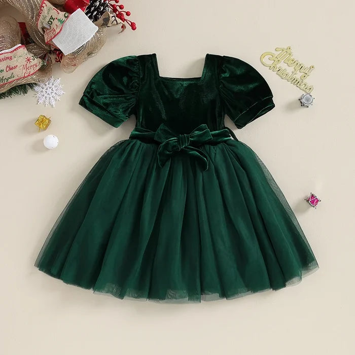 Toddler Girl Tulle Princess Dress – Puff Sleeve Square Neck Layered Party Dress for Fall (6M–4Y)