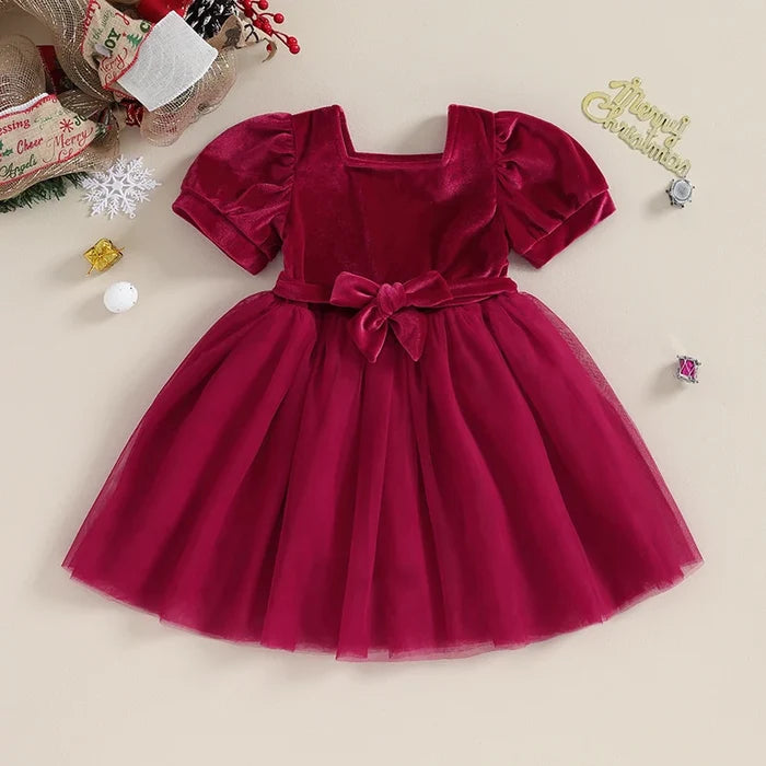 Toddler Girl Tulle Princess Dress – Puff Sleeve Square Neck Layered Party Dress for Fall (6M–4Y)