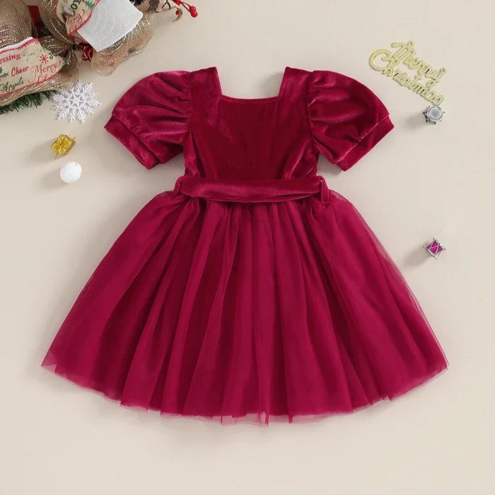 Toddler Girl Tulle Princess Dress – Puff Sleeve Square Neck Layered Party Dress for Fall (6M–4Y)
