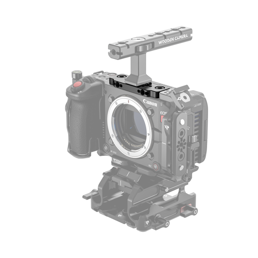 Canon EOS C50 camera body with wooden camera top plate on a white background