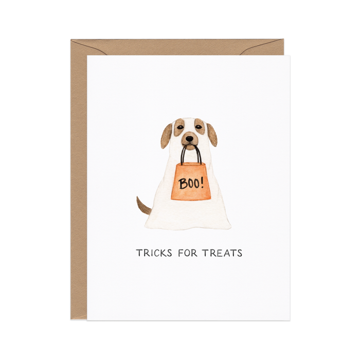 Tricks For Treats — Cute Dog Ghost Costume Halloween Card