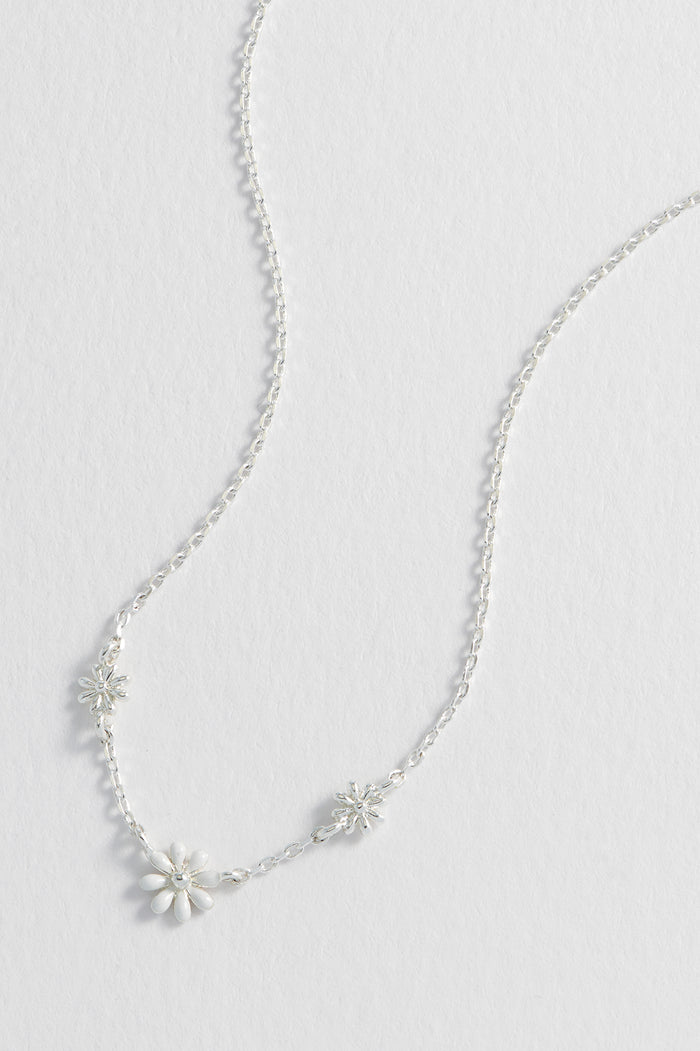 Triple Flower White Enamel Necklace