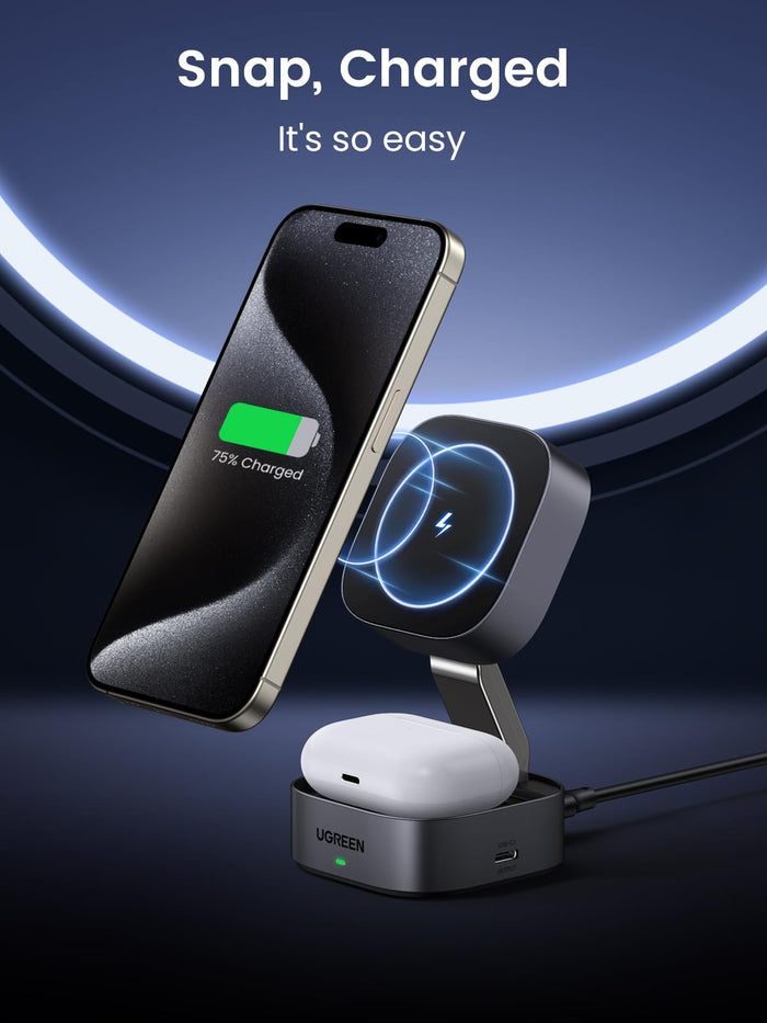 UGREEN MagFlow 2-in-1 Wireless Charger with strong magnetic alignment, fully magsafe compatible, allows iPhone and AirPods to start Qi2 15W wireless charging instantly with a simple snap for effortless, hands-free charging.