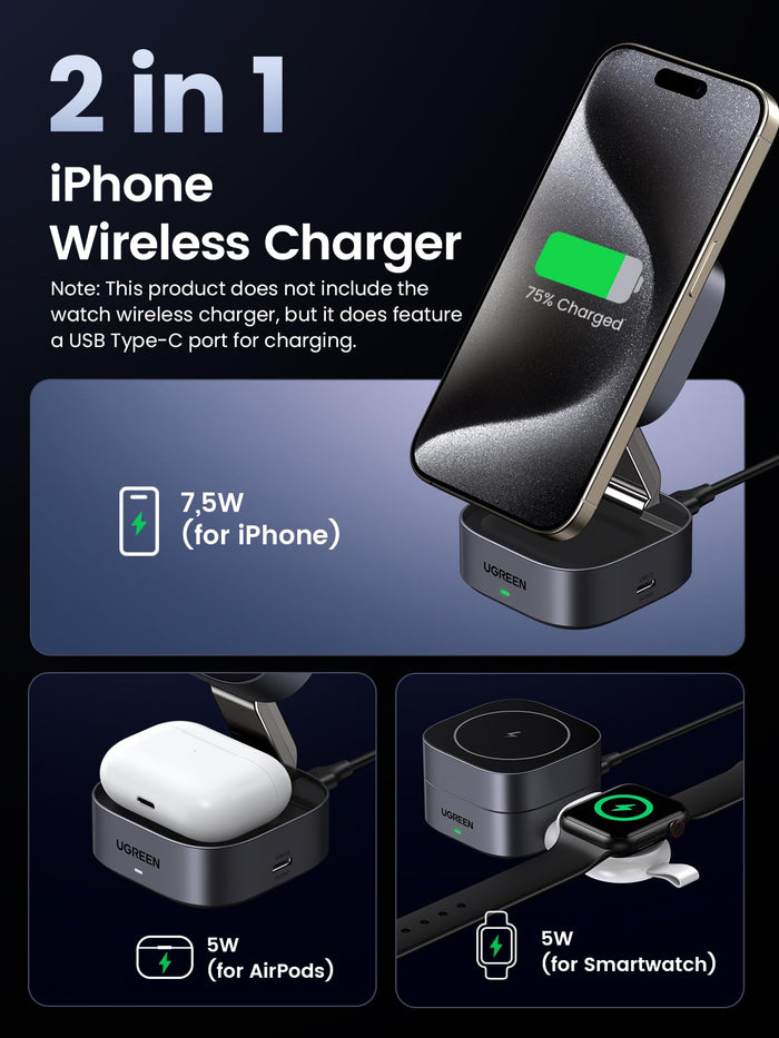 UGREEN MagFlow 2-in-1 Wireless Charger for Apple devices, fully magsafe compatible, delivering Qi2 15W wireless charging for iPhone and 5W charging for AirPods with a strong magnetic alignment for secure and efficient dual-device charging.
