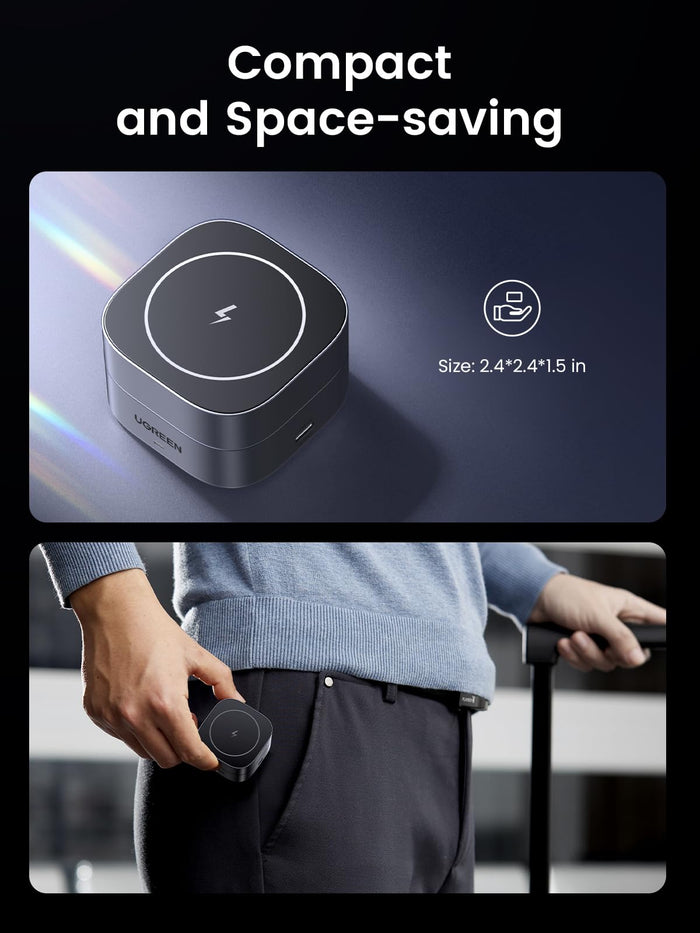 UGREEN MagFlow 2-in-1 Wireless Charger with magnetic design, magsafe compatible and Qi2 15W wireless charging, featuring a compact and space-saving foldable design ideal for travel and desk use.