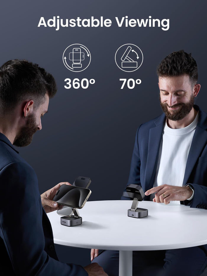 UGREEN MagFlow 2-in-1 Wireless Charger, fully magsafe compatible, with strong magnetic alignment and adjustable viewing angles up to 360° horizontally and 70° vertically, supporting Qi2 15W wireless charging for flexible and convenient device use.