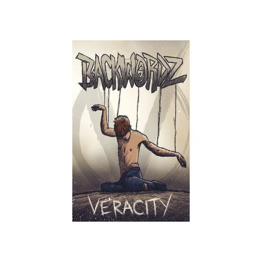 A shirtless man in jeans is on the cover of this poster being held up by the words "Backwordz" behind a "V" symbol. The words "Veracity" are at the bottom of the poster.