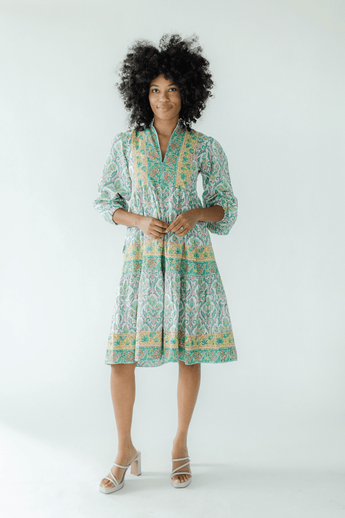 Victoria Dunn Santorini Terragon Block Print Cotton Summer Dress - Dotique