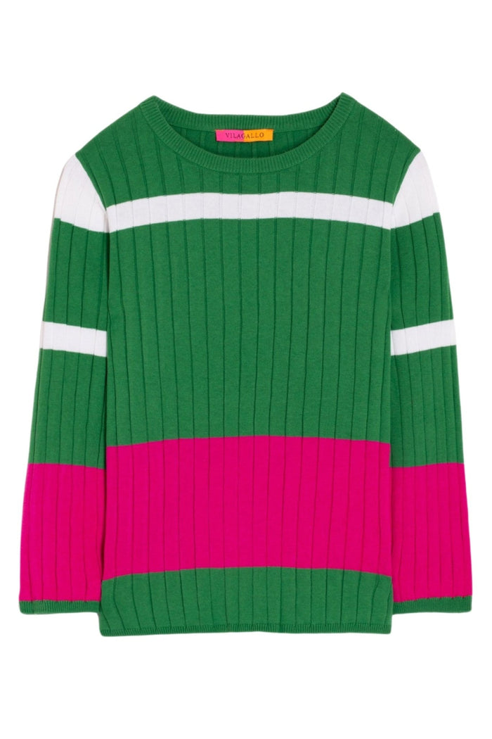Vilagallo 32132 Knitwear Jersey Colour Block Canale Verde Rosa – Green Ribbed Jersey with Pink and White Stripes by Vilagallo Shop Vilagallo at Dotique