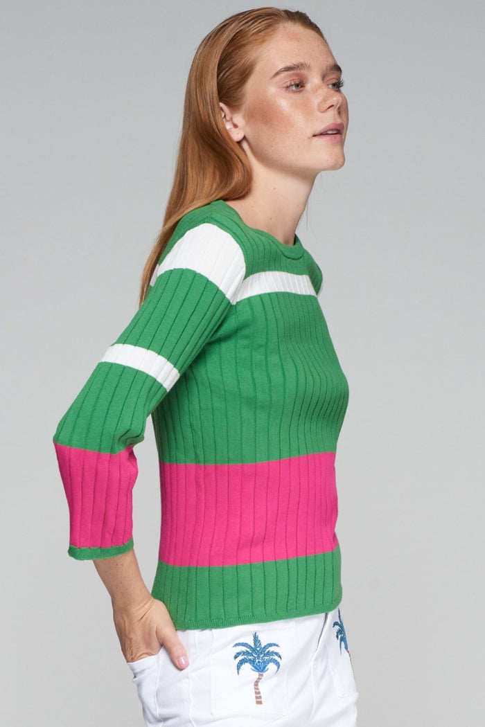 Vilagallo 32132 Knitwear Jersey Colour Block Canale Verde Rosa – Green Ribbed Jersey with Pink and White Stripes by Vilagallo, shop at Dotique.
