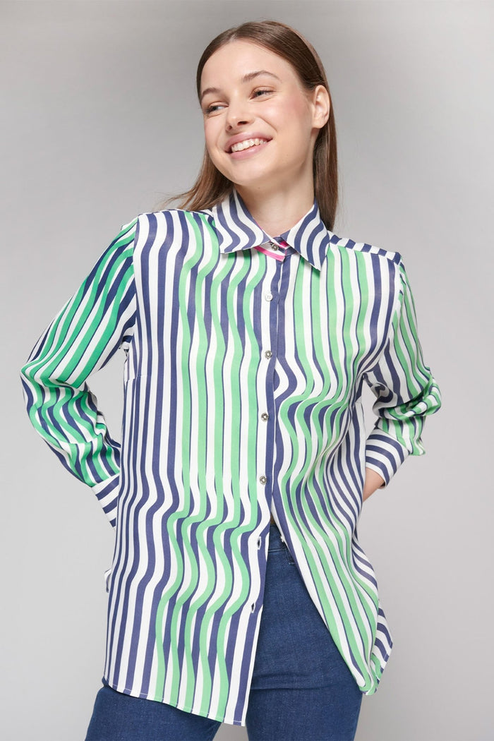 Vilagallo 32321 Navy Green Wave Print Shirt - Dotique - Vilagallo