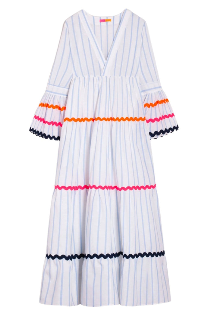 Vilagallo 32505 White Stripe Bell Sleeve Buffet Dress by Vilagallo with colorful rickrack detail, shop Vilagallo at Dotique