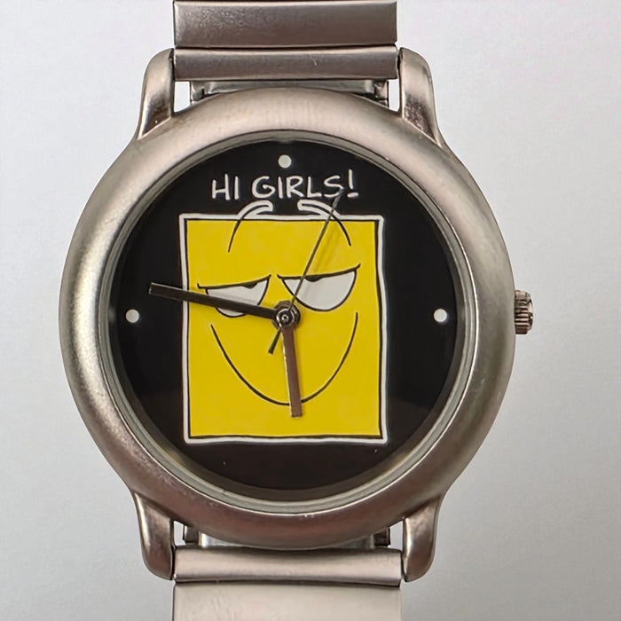 Watch with a yellow face design and 'Hi Girls!' text on a black background