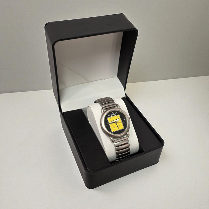 Silver watch with a white strap in a black box on a light gray background