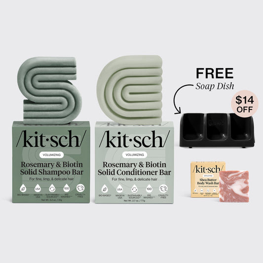 KITSCH Volumizing Rosemary Black Self Draining Soap Dish Bundle — hero bundle flat lay — Rosemary & Biotin Shampoo & Conditioner Bar Combo + Shea Butter Body Wash Bar + FREE Black Self-Draining Soap Dish