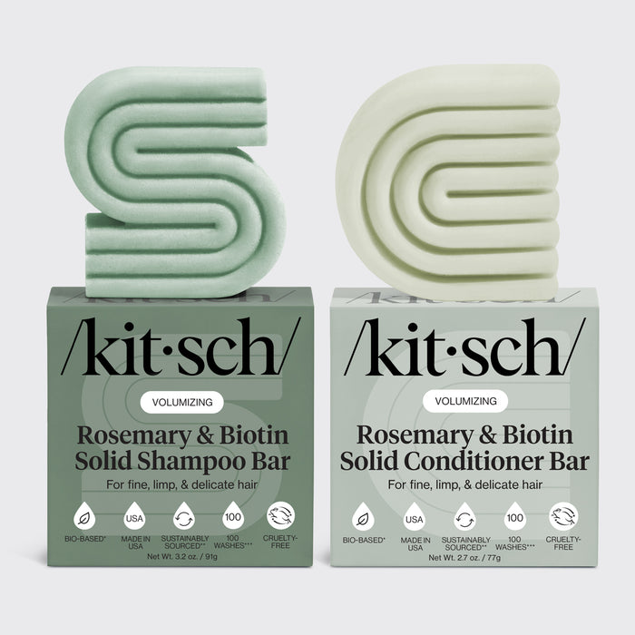 KITSCH Volumizing Rosemary & Biotin Solid Shampoo Bar 3.2oz & Conditioner Bar 2.7oz Combo — both bars labeled VOLUMIZING, For fine, limp, & delicate hair — icons: Bio-Based, Made in USA, Sustainably Sourced, 100 Washes, Cruelty-Free — bottle-free solid bar set for fine, limp, and delicate hair