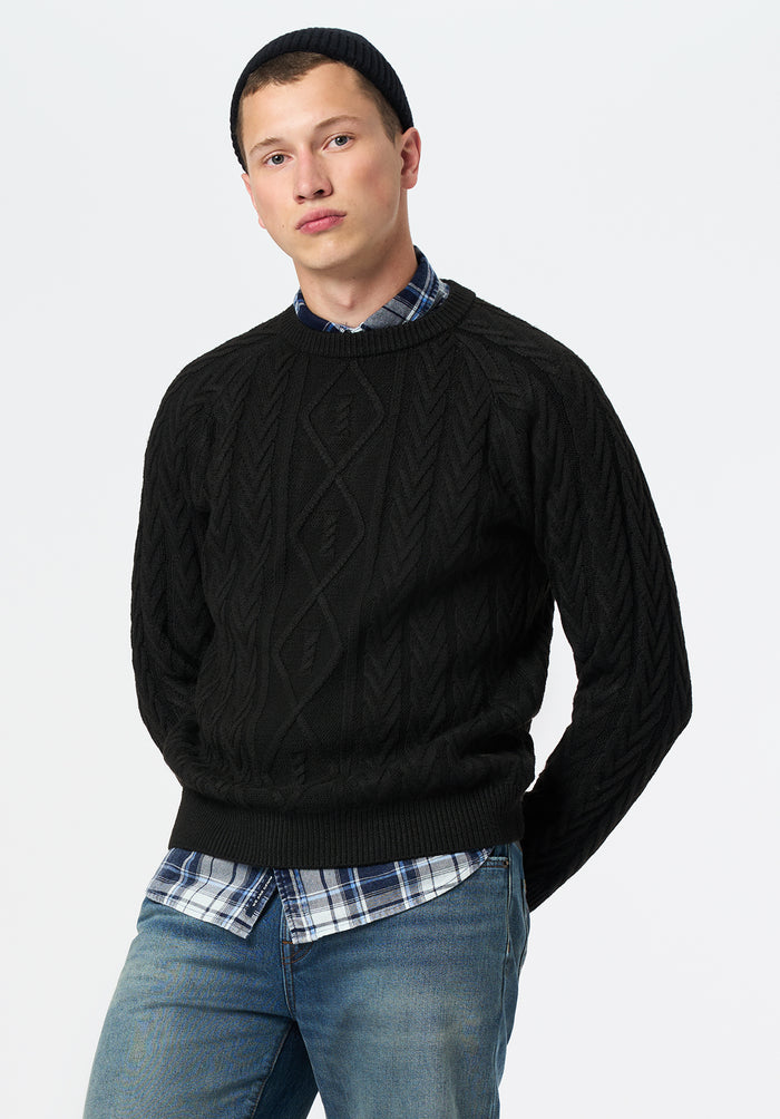 Buffalo Men Sweaters Black Knit Sweaters Cable Knit Relaxed Fit