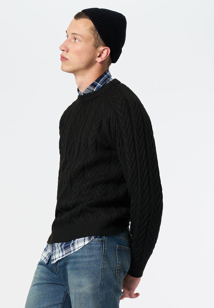 Buffalo Men Sweaters Black Knit Sweaters Cable Knit Relaxed Fit
