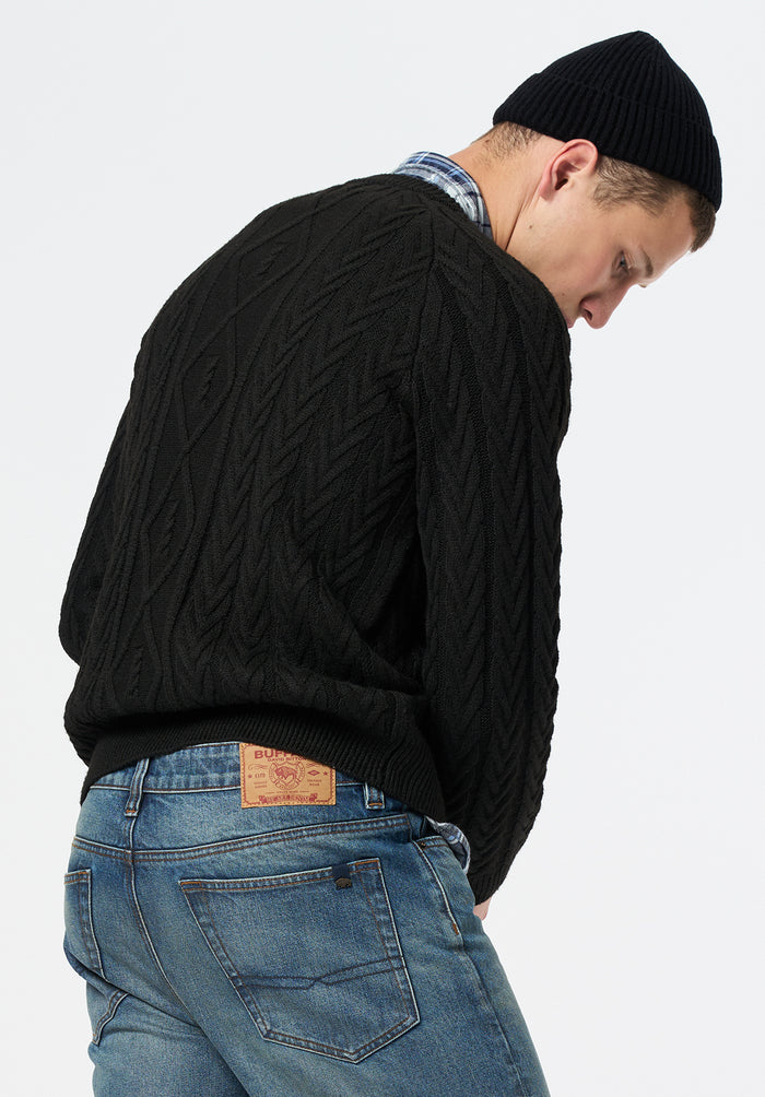 Buffalo Men Sweaters Black Knit Sweaters Cable Knit Relaxed Fit