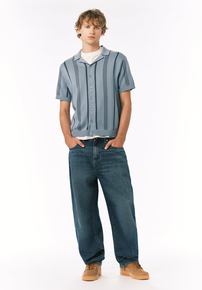 Buffalo Men Sweaters Blue Knit Sweaters Open Collar Short Sleeve