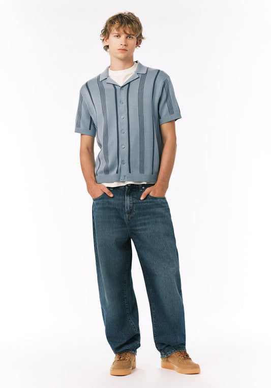 Buffalo Men Sweaters Blue Knit Sweaters Open Collar Short Sleeve