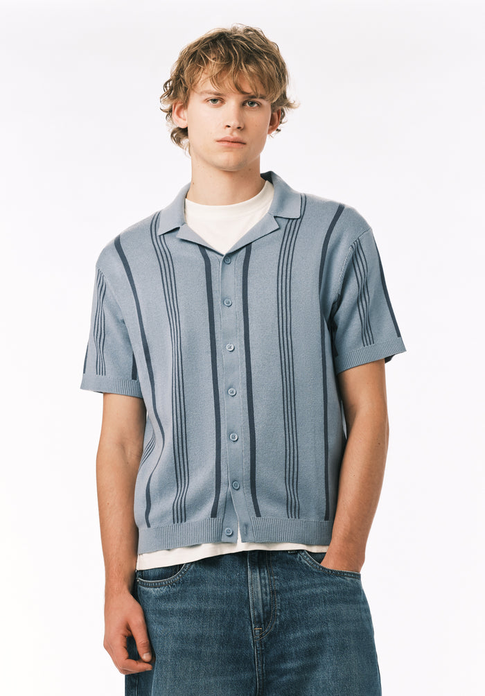 Buffalo Men Sweaters Blue Knit Sweaters Open Collar Short Sleeve
