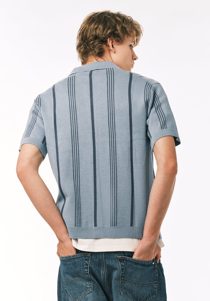 Buffalo Men Sweaters Blue Knit Sweaters Open Collar Short Sleeve