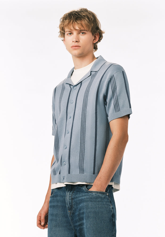 Buffalo Men Sweaters Blue Knit Sweaters Open Collar Short Sleeve