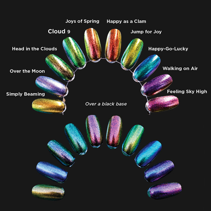 Swatches on a swatch ring of all 10 Iridescent Topper Nail Lacquers done over a black base.
